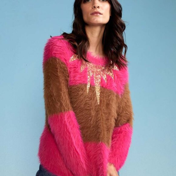 Cynthia Rowley Pink & Brown Fuzzy Soft Pullover Sweater w/ Sequin Sz S - Picture 3 of 10
